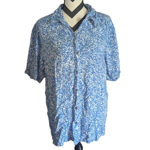 Blueginger Blue White Abstract Floral Shirt Men's Large 100% Rayon Button Up